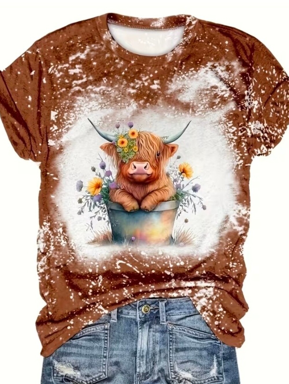 💢4For$20 Women's Brown Highland Cow/YakGraphic Tee Floral Accents Size 3XL